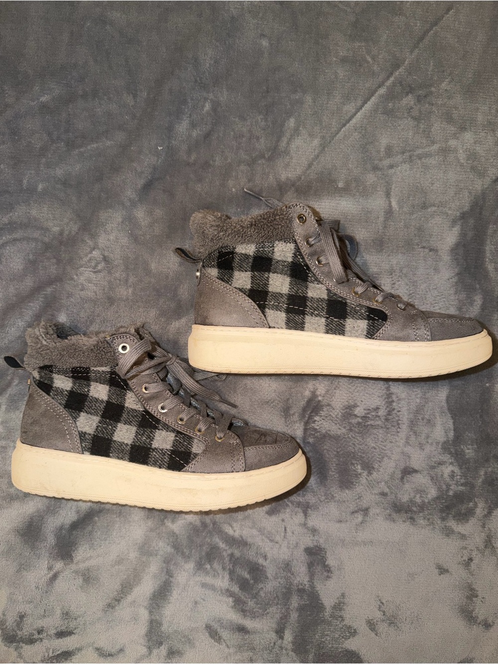🖤🩶 Marc Fisher Fluffy Plaid High-Top Sneakers